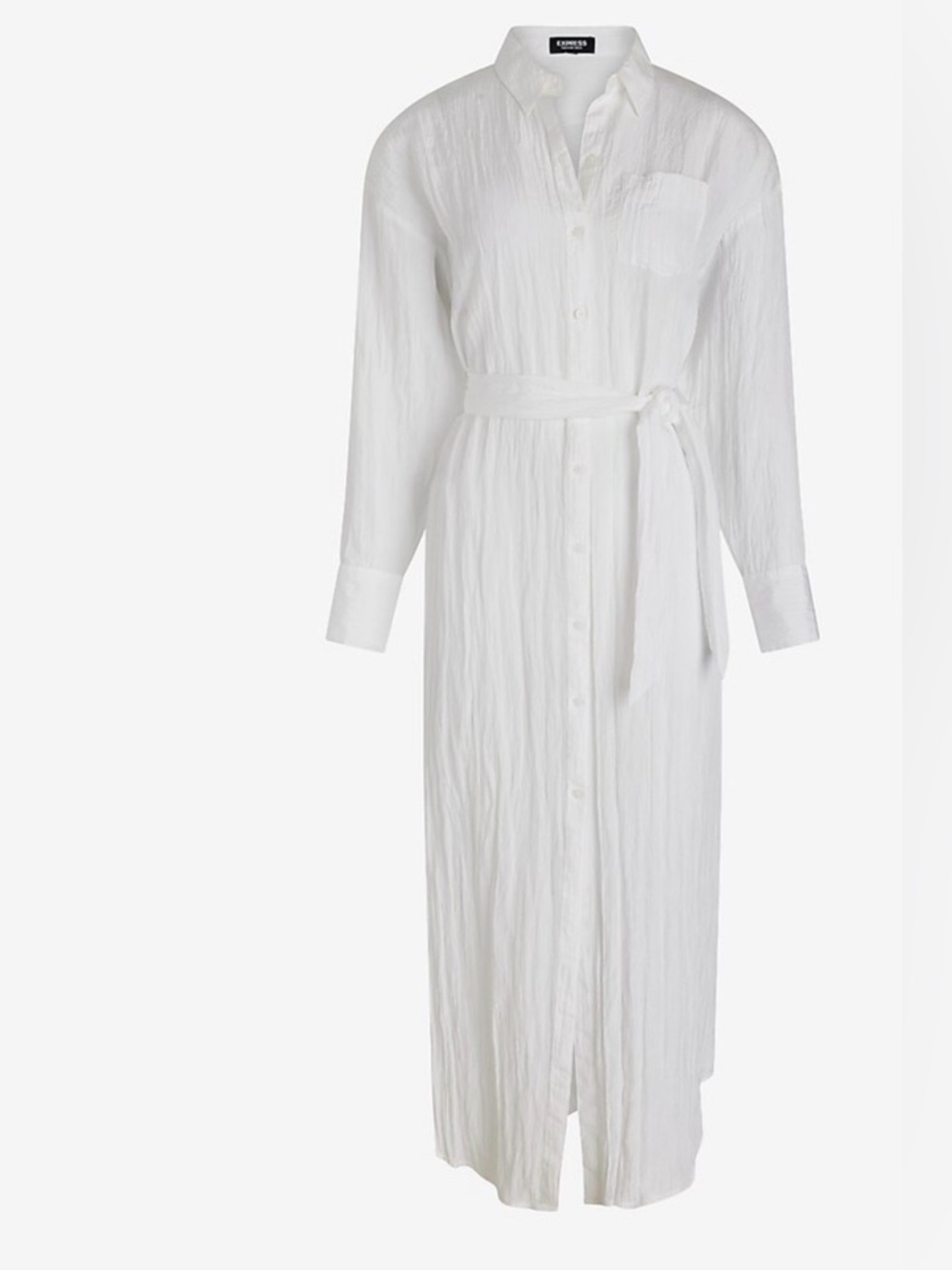 Express White Long-Sleeve Button-Front Shirt Dress with Waist Tie